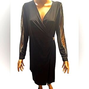 R&M Richards Black Faux Wrap V-Neck Dress. Sz10 NWT